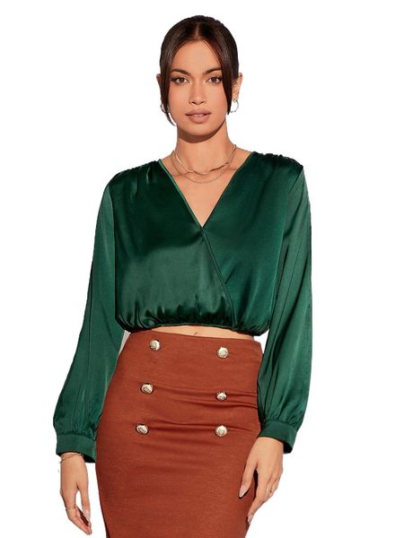 

surplice neck lantern sleeve crop satin blouse f0n7#, White