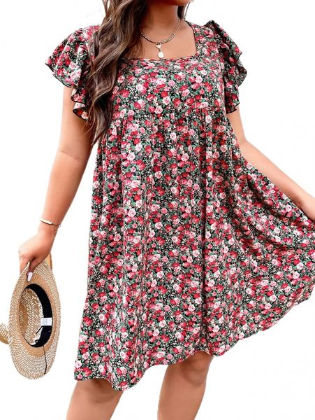 

plus floral print square neck butterfly sleeve smock dress c24w#, Black