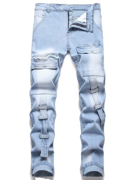 

men ripped buckle flap pocket cargo jeans l4pa#, Blue
