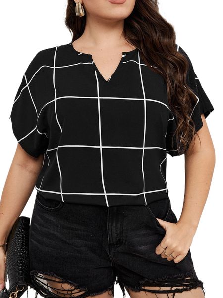 

plus grid print notched neckline batwing sleeve blouse j7tf#, Black
