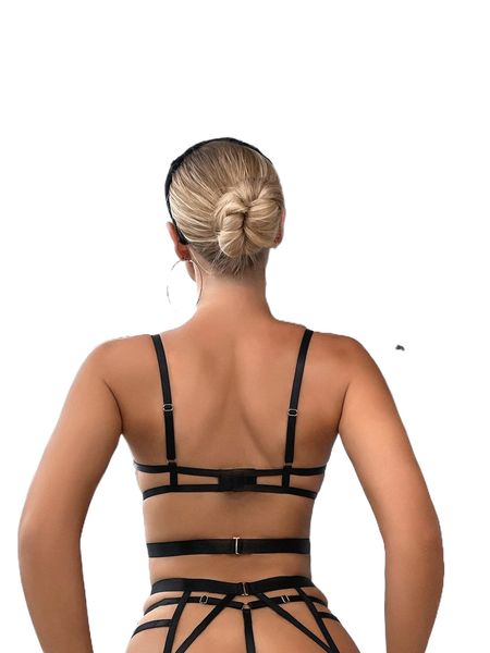 

6pack chain detail cut out underwire garter lingerie set j1af#, Black;red