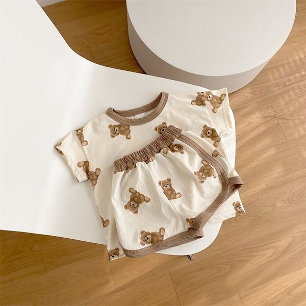 

summer infant baby boy cartoon bear printed pattern casual short sleeve + toddler girl breathable shorts 2pcs set 220507, White