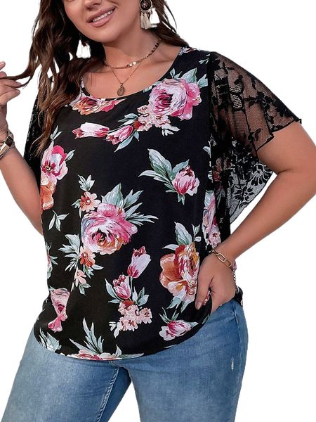 

plus floral print contrast lace blouse r6ah#, Black