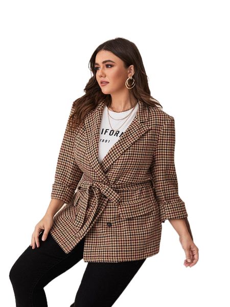 

plus houndstooth print double breasted belted overcoat 09c9#, Black