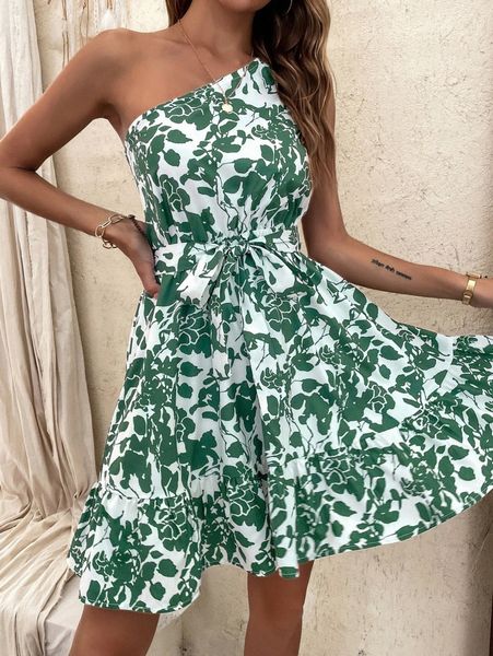 

all over floral print belted one shoulder ruffle hem dress g7au#, Black;gray