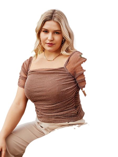 

plus square neck ruched metallic c8fp#, Black