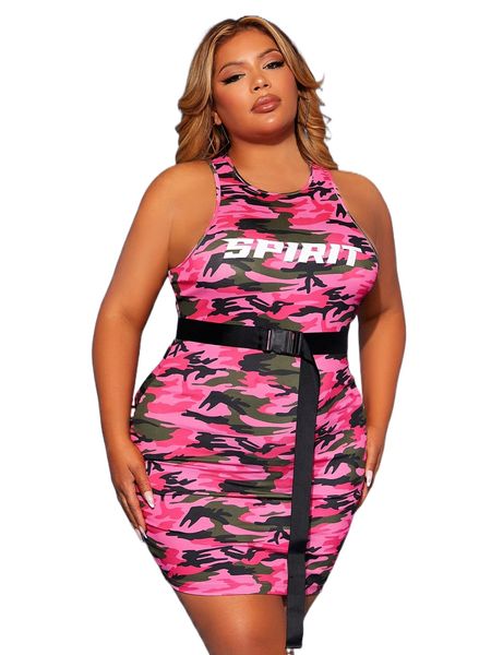 

sxy plus camo & letter graphic belted bodycon dress u43i#, Black