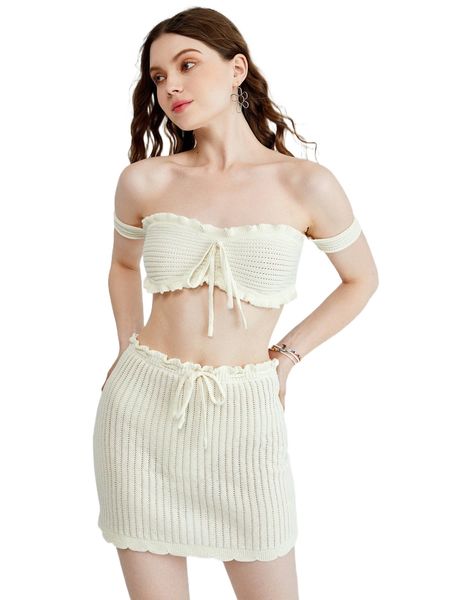 

off shoulder knot front crop knit & drawstring waist skirt u3kv#, White;black