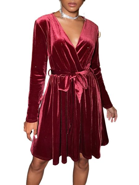 

sxy overlap collar belted velvet dress b6yf#, Black;gray