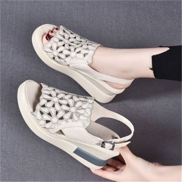 

summer wedge shoes for women sandals open toe platform hollow flowers retro lady high heel buckle strap casual female sandalias 220608, Black