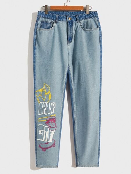 

men figure & letter graphic jeans y27s#, Blue