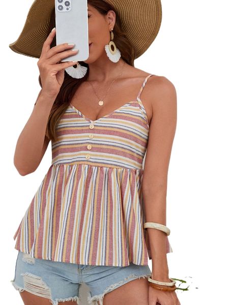 

block striped button detail peplum cami 94uh#, White