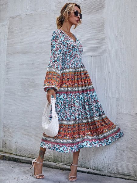 

allover floral colorblock bishop sleeve dress 97va#, Black;gray