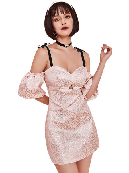 

tie shoulder cold shoulder ditsy floral jacquard satin dress c8d3#, Black;gray