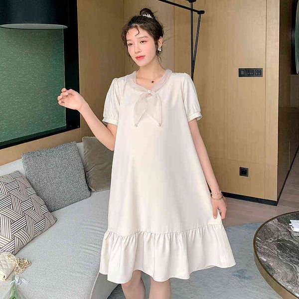 

summer short sleeves loose pregnant women chiffon dress bow collar ruffle zoom organza pregnancy mermaid dress maternity clothing j220628, White