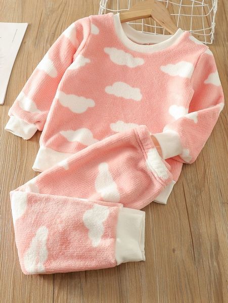 

toddler girls clouds print flannel pullover & sweatpants set she, White