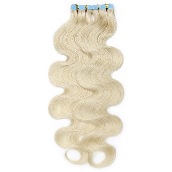 

613 bleach blonde body wave tape in human hair extension brazilian peruvian skin weft real remy hair wavy 100g 40pcs factory outlet, Black