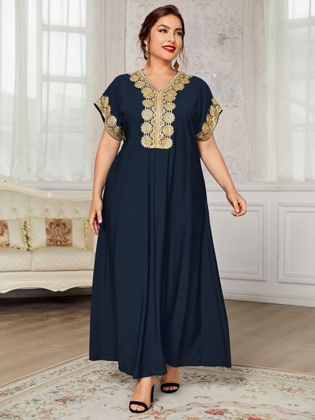 

plus batwing sleeve floral embroidery taped dress u314#, Black