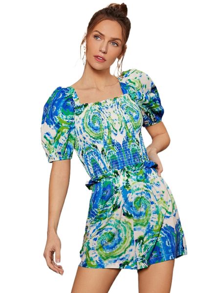 

spiral tie dye puff sleeve shirred q0lf#, White
