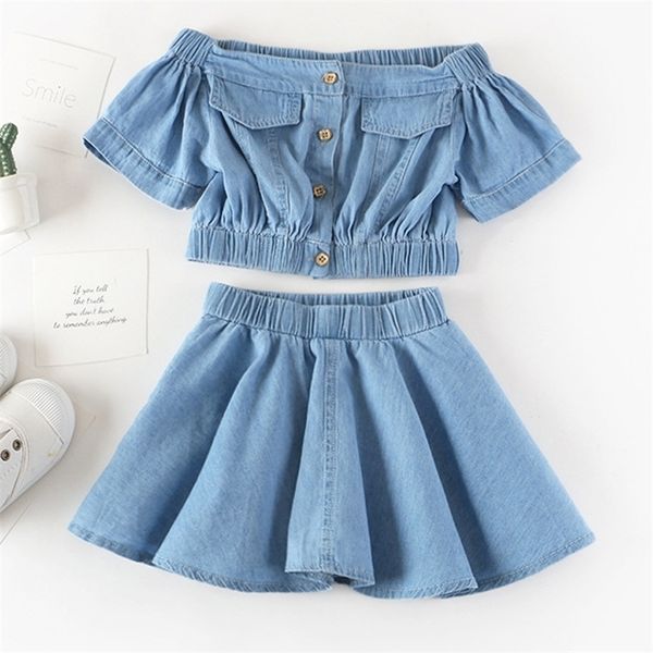 Camiseta de roupas para meninas de verão conjunto de camiseta coreana de jeans de manga curta saia de cintura alta 2pcs roupas de crianças roupas de roupas infantis 220509