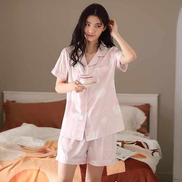 

silk short-sleeved shorts ladies sleepwear pajamas set cute simple short women home service, Black;red