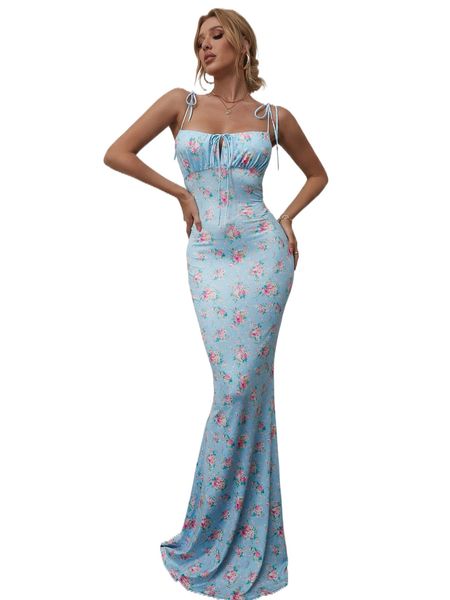

parthea tie shoulder fishtail hem floral print prom dress n5ay#, Black;gray