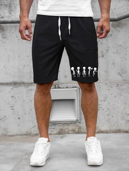 

men alien print drawstring waist shorts i67a#, White;black