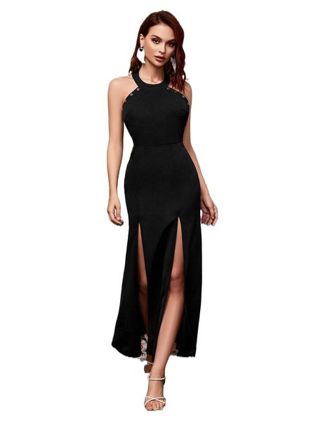 

grommet backless split thigh dress w6so#, Black;gray