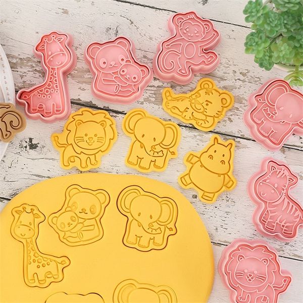 8pcsset orman hayvan kurabiye kesiciler plastik 3D karikatür preslenebilir bisküvi kurabiye damgası mutfak fırtınası fırtınası fırında pişirme aracı 220815