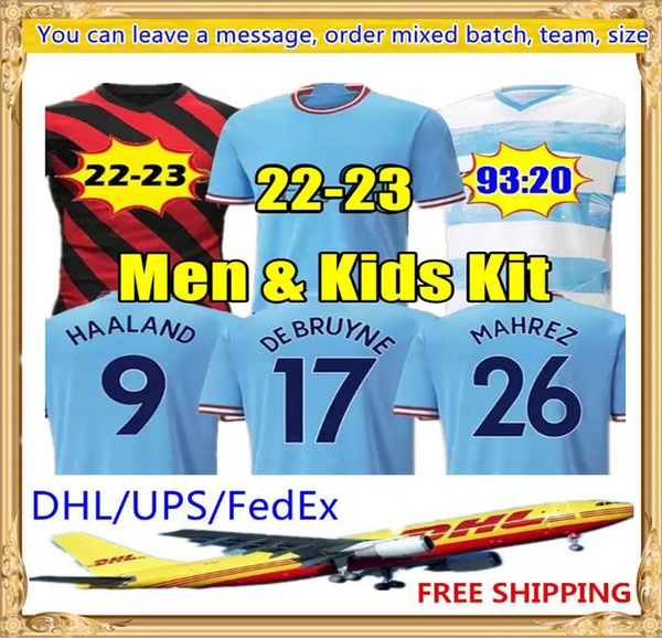 

22 23 haaland soccer jerseys grealish sterling mans cities mahrez fans player version de bruyne foden 2022 2023 football shirt kids kit set, Black;yellow