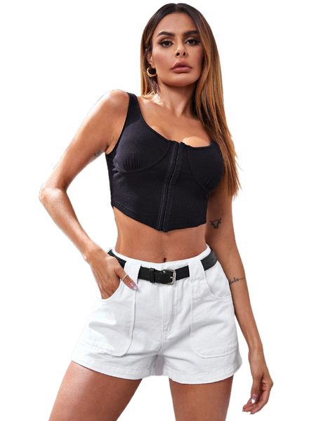 

patch pocket denim shorts with belt 10qj#, White;black