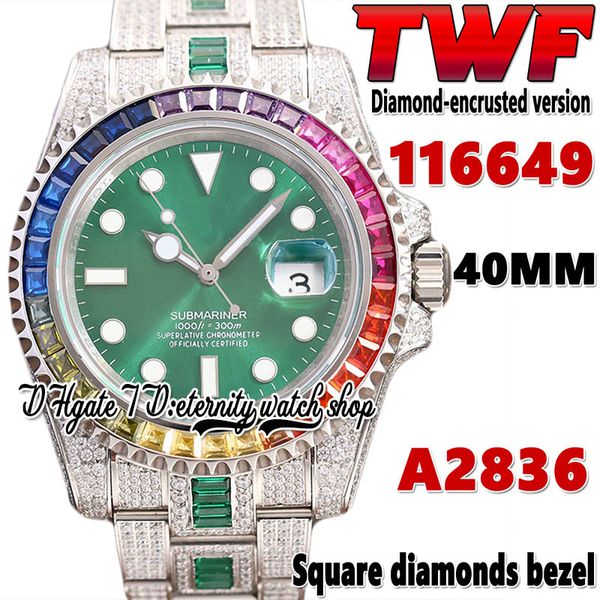 

2022 twf ey126610 t116610 a2836 automatic mens watch i116649 rainbow square diamond bezel green dial 904l steel iced out diamond two tone br, Slivery;brown