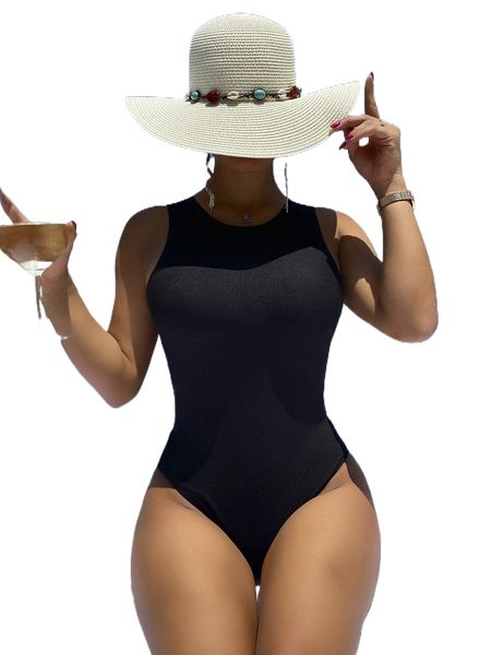 

ribbed knit tie backless one piece swimsuit d2nc#, White;black