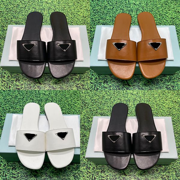 

with box leather logo plaque slides designer sandals women shoes black white brown summer fashion beach womens sneakers slide dust bag us 5-