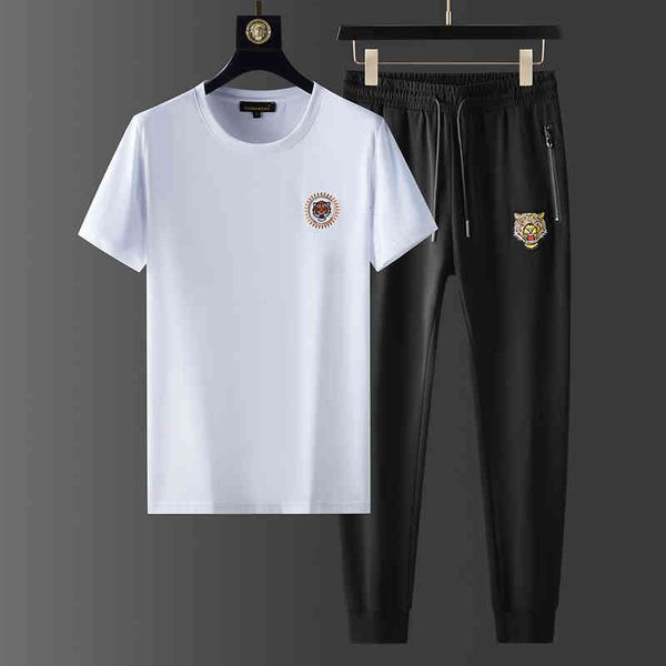 

men's tracksuits summer fashion brand men's benmingnian embroidery tiger head short sleeve t-shirt light luxury sweatpants two-pie, Gray