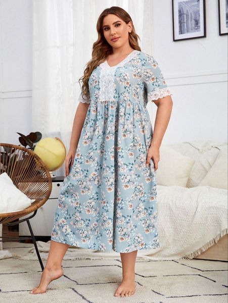 

plus lace insert floral print nightdress f2xw#, Black;white