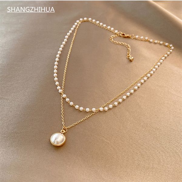 

shangzhihua pop super beautiful pearl double necklace luxury pearl pendant fashion womens necklace party gift jewelry 220813, Silver