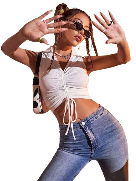 

drawstring front crop tank w39y#, White