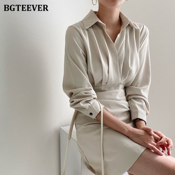

bgteever spring lapel ruched women dress long sleeve slim waist female short dress 2022 elegant ladies a-line vestidos, Black;gray