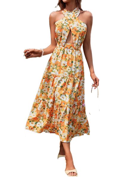 

allover floral print criss cross tie back ruffle hem dress y4em#, Black;gray