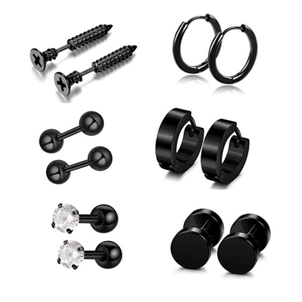 6 Paare Punk Gothic Ohrstecker Edelstahl Schwarz Runde Langhantel Kreuz Creolen Diamant Ohrringe Männer Street Pop Hip Hop Ohrschmuck