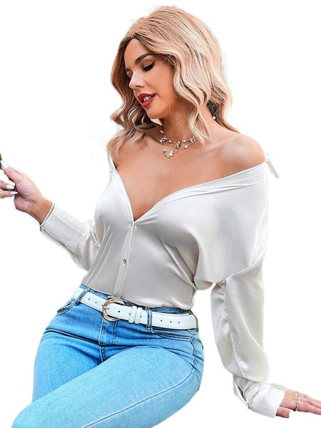

solid button up chiffon blouse t5me#, White
