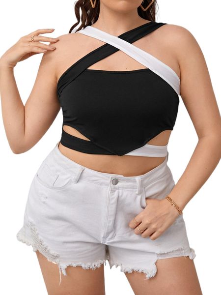 

plus two tone cut out crisscross crop cami v8wz#, Black