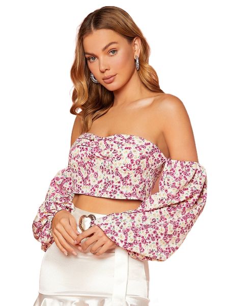 

floral off the shoulder crop blouse s4tc#, White
