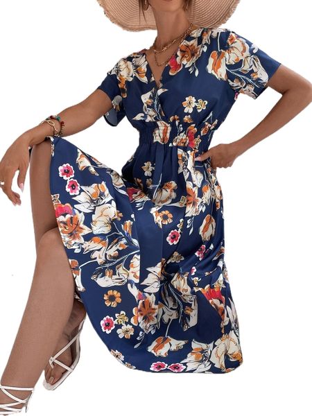 

floral print surplice neck shirred waist a-line dress s197#, Black;gray
