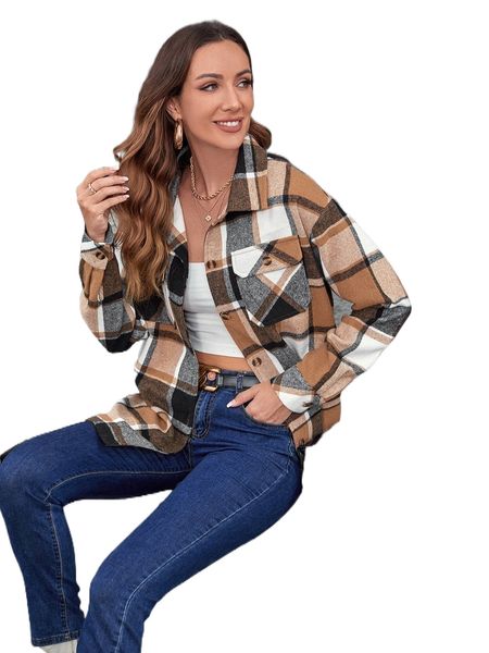 

x belinda plaid print drop shoulder flap pocket coat h1nb#, Black