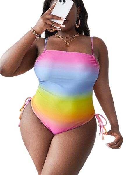 

plus ombre drawstring side one piece swimsuit v3ae#, White;black