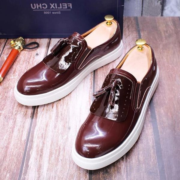 

genuine patent leather dress men shoes smooth soft sole brand tassel shoes european fashion sport sneakers new arrival a19, Black