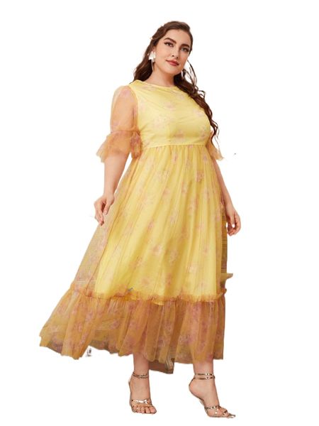 

plus 1pc floral print flounce sleeve ruffle hem mesh dress 66pi#, Black