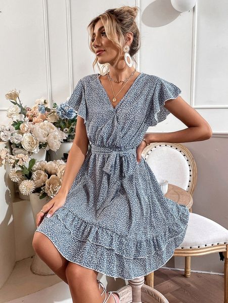 

leopard print surplice neck belted layered hem dress v2kb#, Black;gray